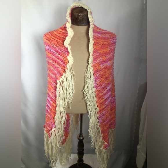 Knitted Pink & Orange Prayer Shawl. NEW - Picture 1 of 3
